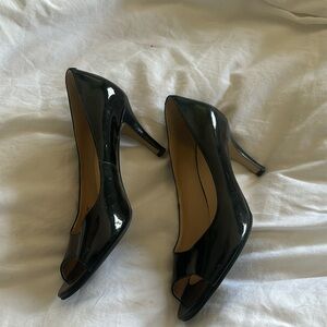Cole Haan black peep toe patent pumps
